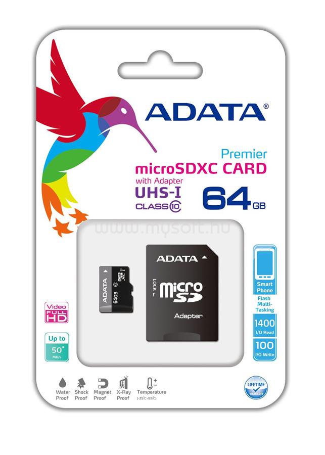 ADATA Premier MicroSDHC memóriakártya 64GB, Class10, UHS-I + SDHC adapter