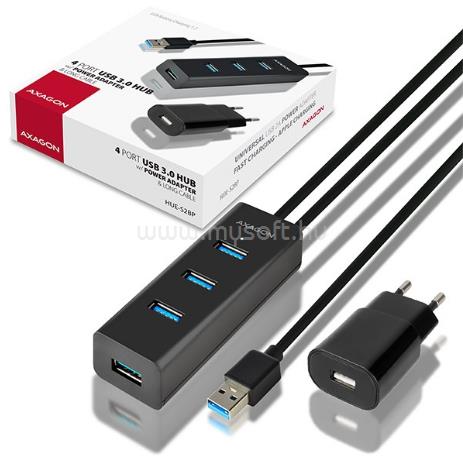 AXAGON HUE-S2BP 4 portos USB3.0 gyorstöltő hosszú kábeles HUB tápegységgel
