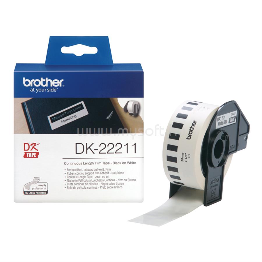 BROTHER Etikett címke DK22211, Fehér alapon fekete, filmrétegű szalag tekercsben 29mm, 29mm x 15.24M