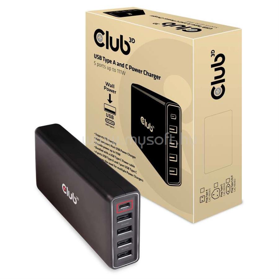 CLUB3D USB-C + 4xUSB-A 111W power adapter