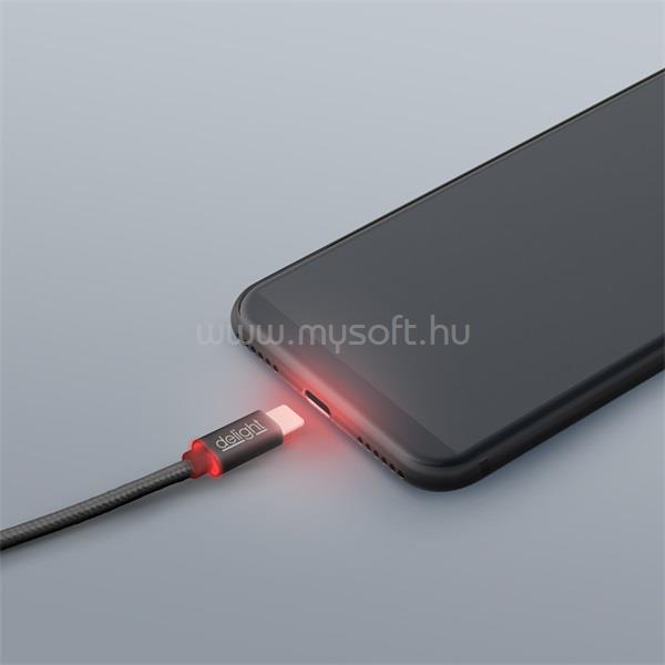 DELIGHT fekete USB Type-C adatkábel LED fénnyel 1m