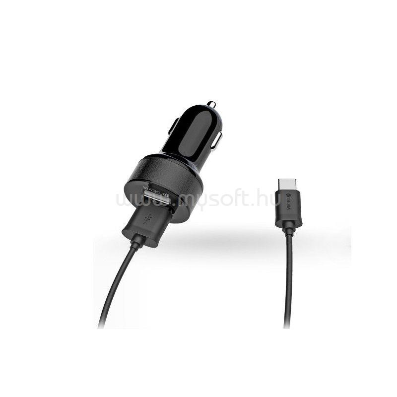 DEVIA Smart 2,4A univerzális 2x USB fekete szivargyújtó töltő + Type-C kábel
