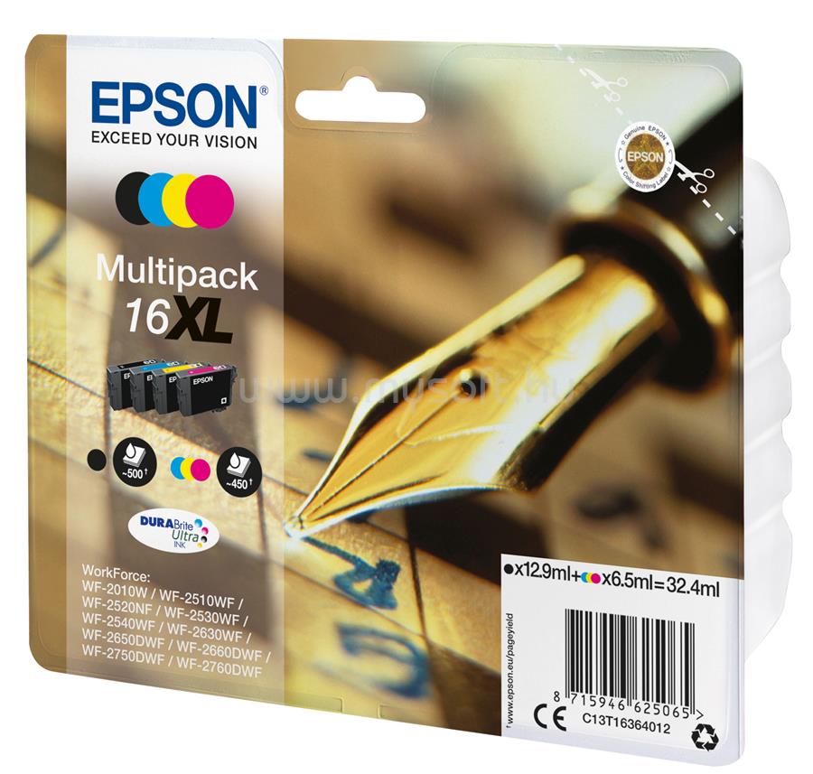 EPSON 16 XL Eredeti fekete/cián/bíbor/sárga Töltőtoll DURABrite Ultra extra nagy kapacitású multipakk tintapatronok (1x500 oldal/3x450 oldal)