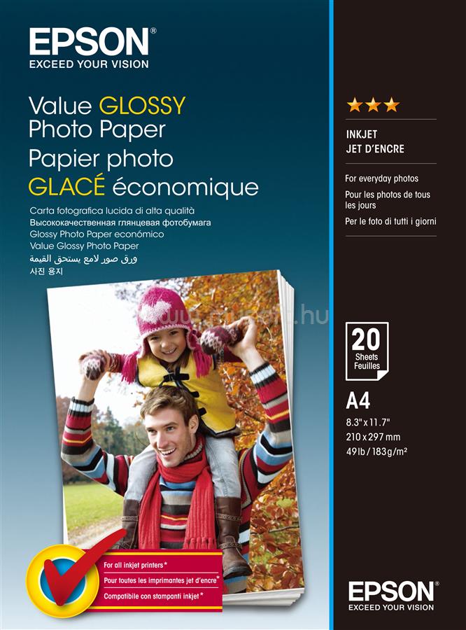 EPSON A4 Gazdaságos Fényes Fotópapír 20 Lap 183g