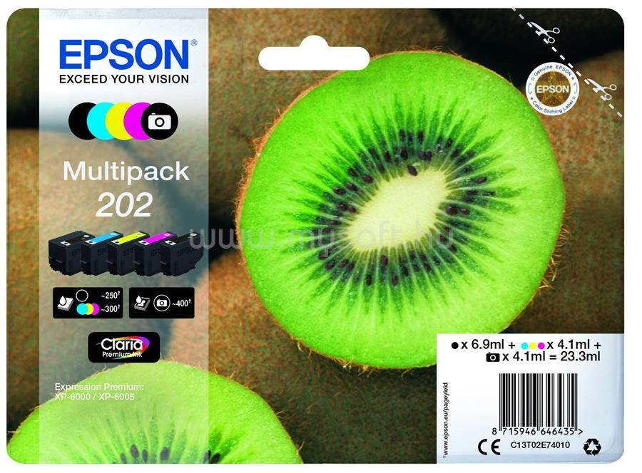 EPSON 202 Eredeti fekete/foto fekete/cián/bíbor/sárga Kiwi Claria Premium multipakk tintapatronok(1x250 oldal/1x400 oldal/3x300 oldal)