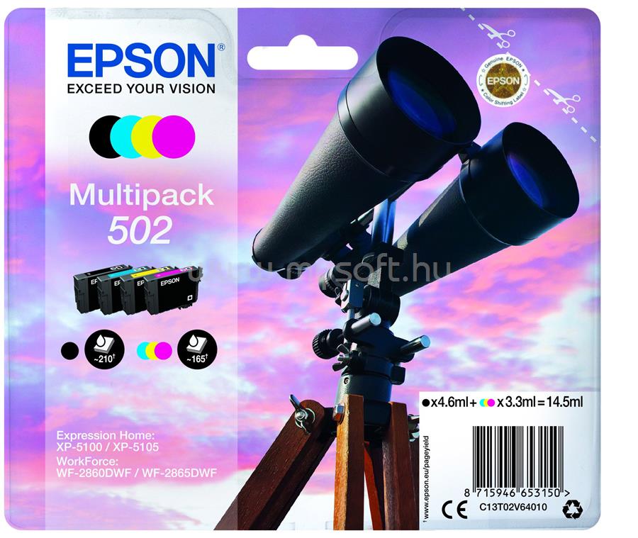 EPSON 502 Eredeti fekete/cián/bíbor/sárga Távcső multipakk tintapatronok (1x210 oldal/3x165 oldal)