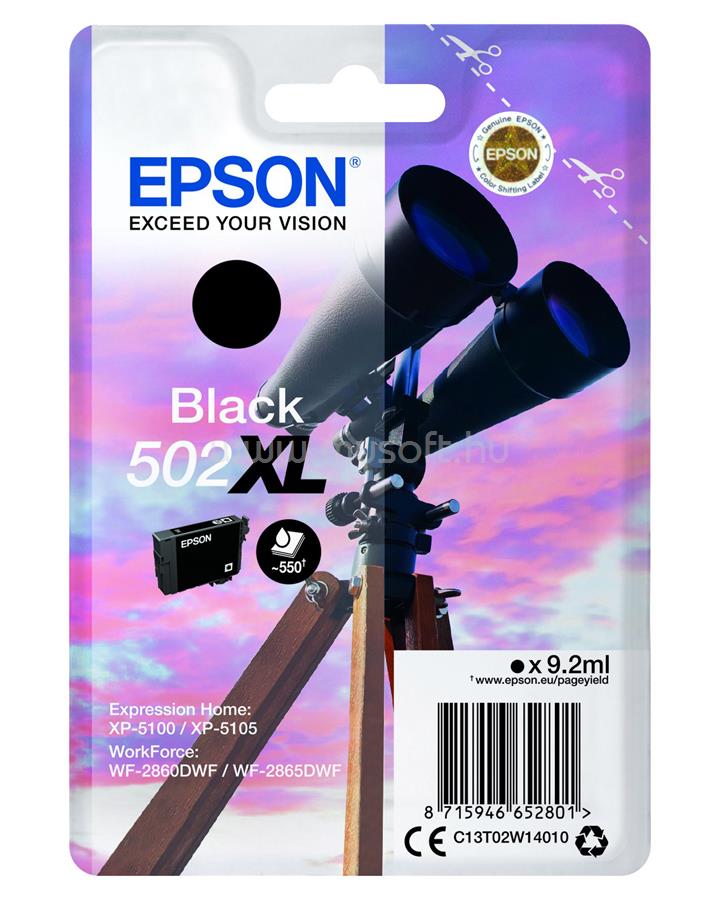 EPSON 502XL Eredeti fekete Távcső nagy kapacitású tintapatron (550 oldal)