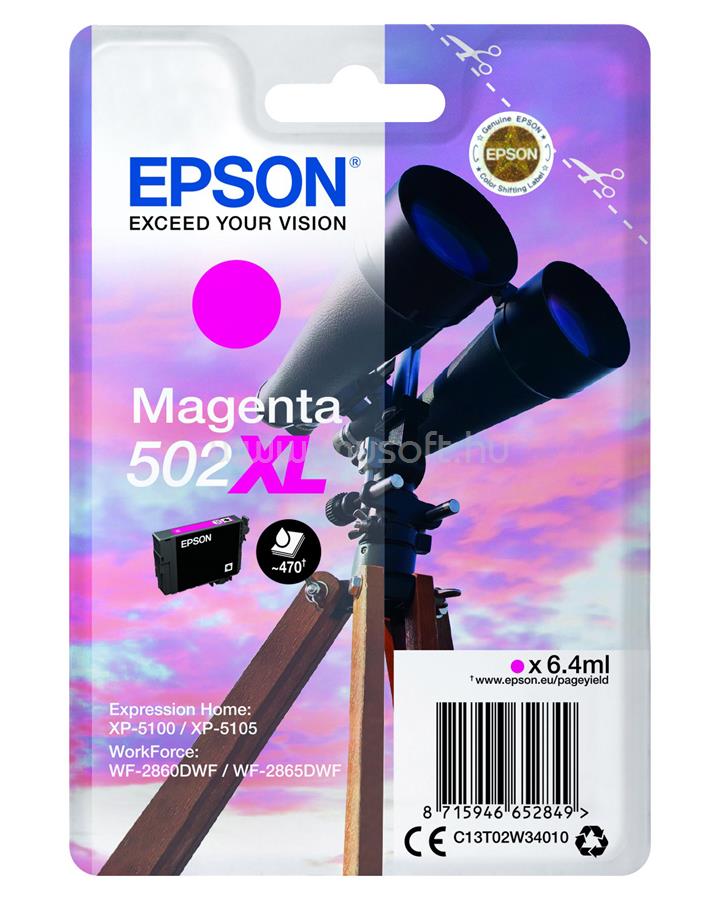 EPSON 502XL Eredeti bíbor Távcső nagy kapacitású tintapatron (470 oldal)