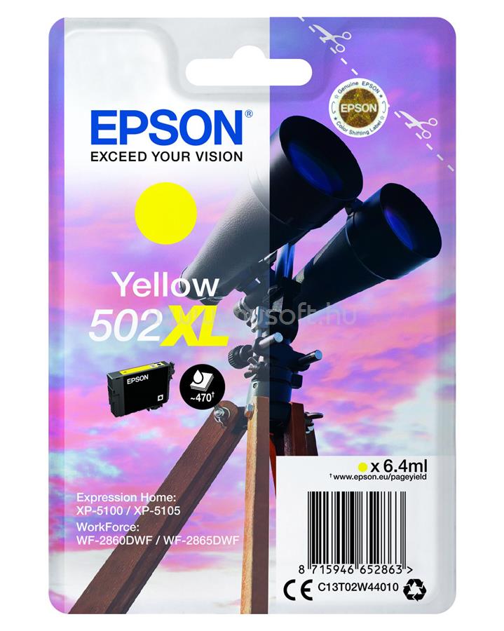 EPSON 502XL Eredeti sárga Távcső nagy kapacitású tintapatron (470 oldal)