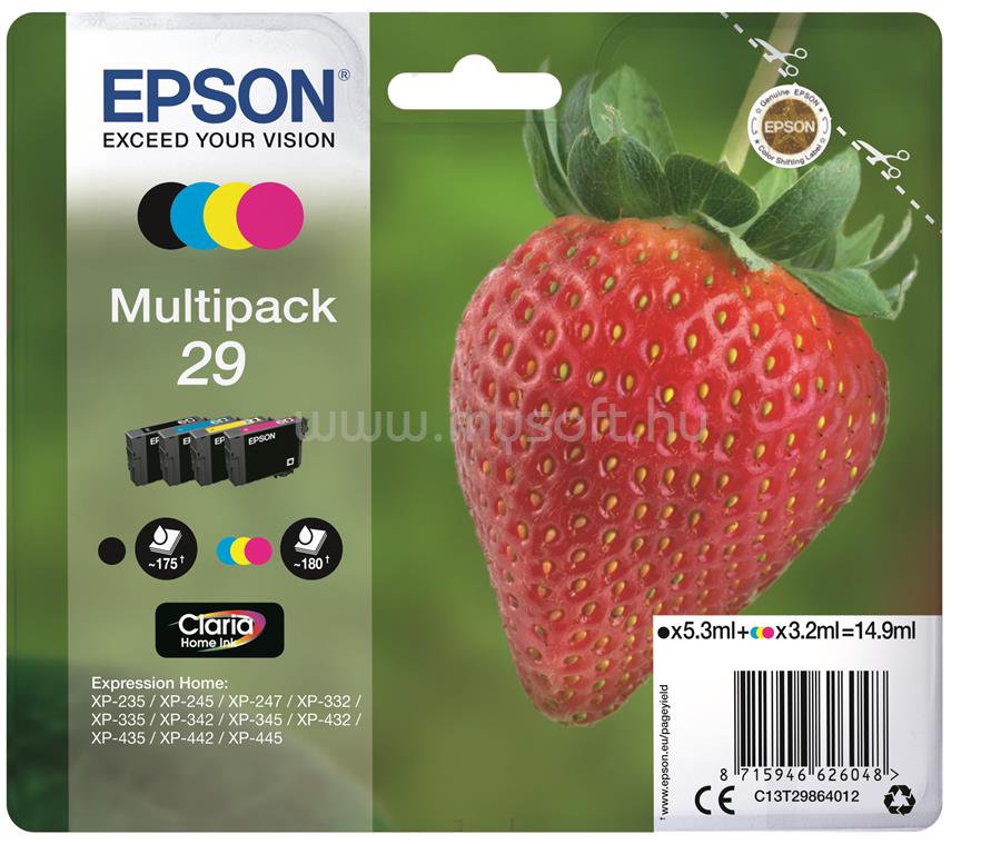 EPSON 29 Eredeti fekete/cián/bíbor/sárga Eper Claria Home multipakk tintapatronok (1x175 oldal/3x180 oldal)