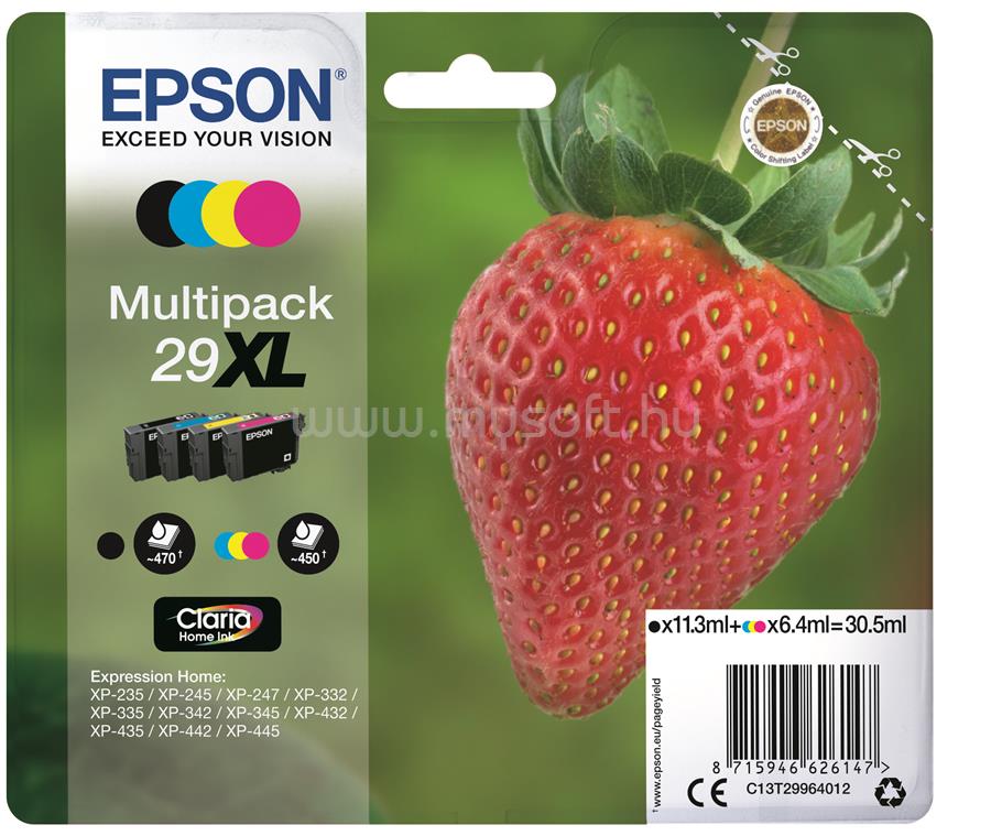 EPSON 29XL Eredeti fekete/cián/bíbor/sárga Eper Claria Home extra nagy kapacitású multipakk tintapatronok (1x470 oldal/3x450 oldal)