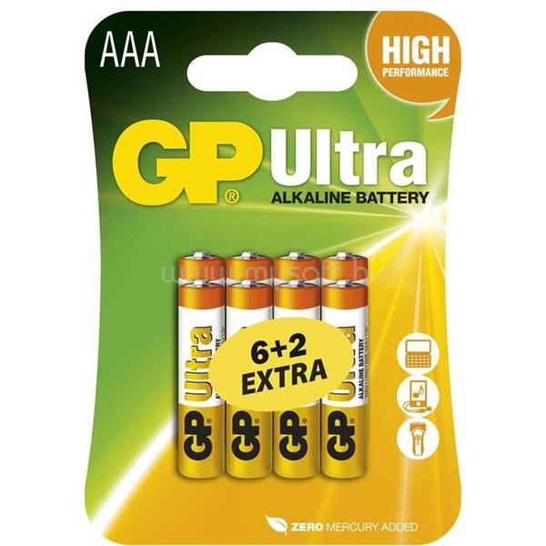 GP BATTERIES Ultra alkáli micro ceruza elem, LR03 (AAA) 6+2db/blister