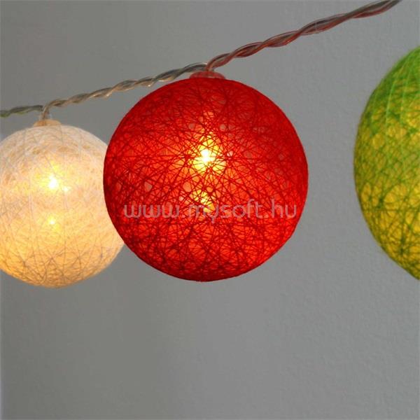 IRIS Gömb alakú 6cm/színes fonott/1,5m/piros-fehér-zöld/10db LED-es/USB-s fénydekoráció