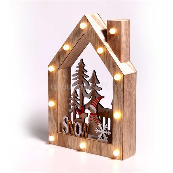 IRIS Karácsonyi ház alakú Télapó-rénszarvas mintás/20x30x5,5cm/meleg fehér LED-es fa fénydekoráció