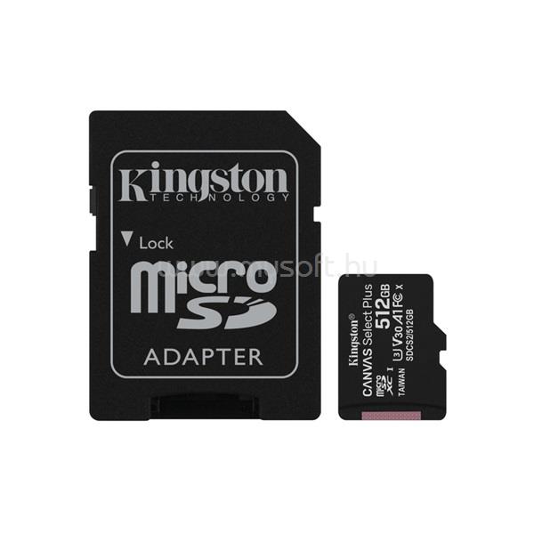 KINGSTON Canvas Select Plus MicroSDXC memóriakártya 512GB, Class10, UHS-I + adapter