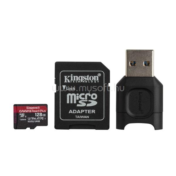 KINGSTON Canvas React Plus MicroSDXC memóriakártya 128GB, Class10, UHS-II U3 + Olvasó + adapter