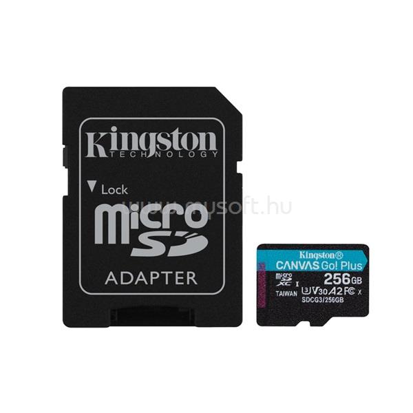 KINGSTON Canvas Go! Plus MicroSDXC memóriakártya 256GB, Class10, UHS-I U3 + adapter