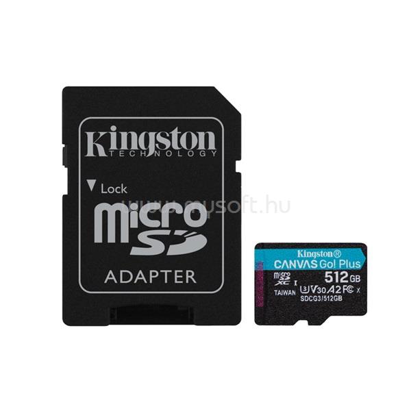 KINGSTON Canvas Go! Plus MicroSDXC memóriakártya 512GB, Class10, UHS-I U3 + adapter