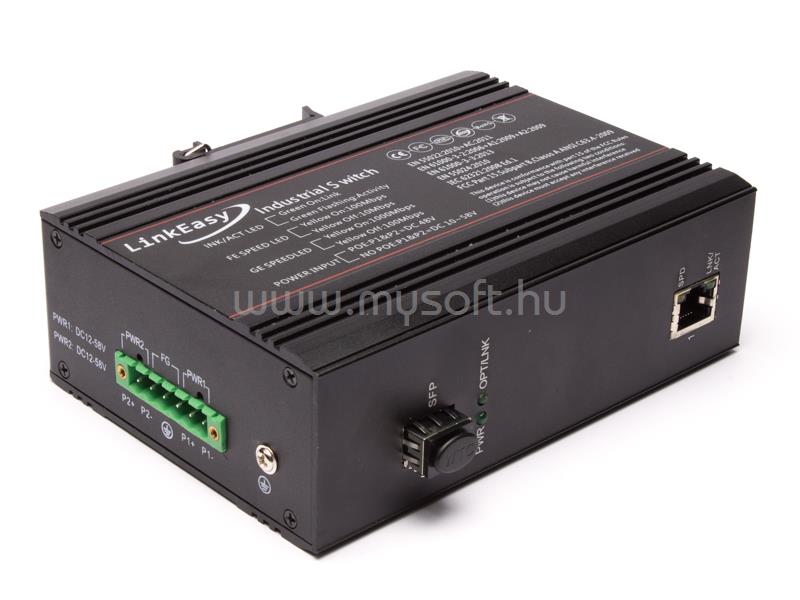 LINKEASY ipari média konverter, 1x10/100/1000BaseTX+1xGE SFP,duál 10~58V DC, DIN