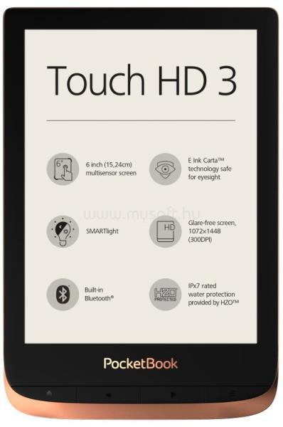 POCKETBOOK e-Reader - Touch HD 3 Réz (6", Cpu: Dual-Core 1GHz, 512MB, 16GB, 1500mAH, wifi, mUSB)