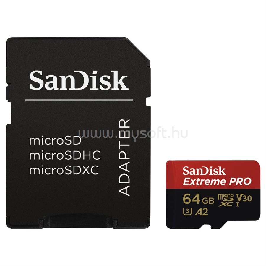 SANDISK Extreme Pro MicroSDXC memóriakártya 64GB, Class10 UHS-I U3 + adapter