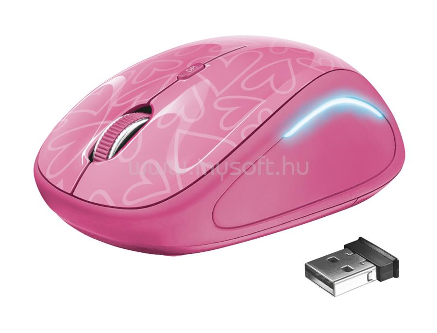 TRUST Egér Notebook Vezeték Nélküli - Yvi FX Pink (800-1600DPI; micro vevő; LED; rózsaszín)