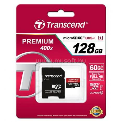 TRANSCEND MicroSDXC memóriakártya 128GB, Class10, UHS-1 + adapter