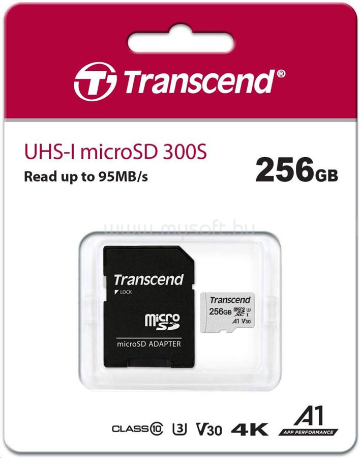 TRANSCEND MicroSDXC memóriakártya 256GB, Class10 + adapter