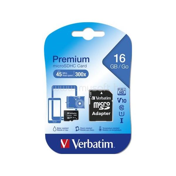 VERBATIM Memóriakártya, Micro SDHC, 16GB, Class 10, adapterrel