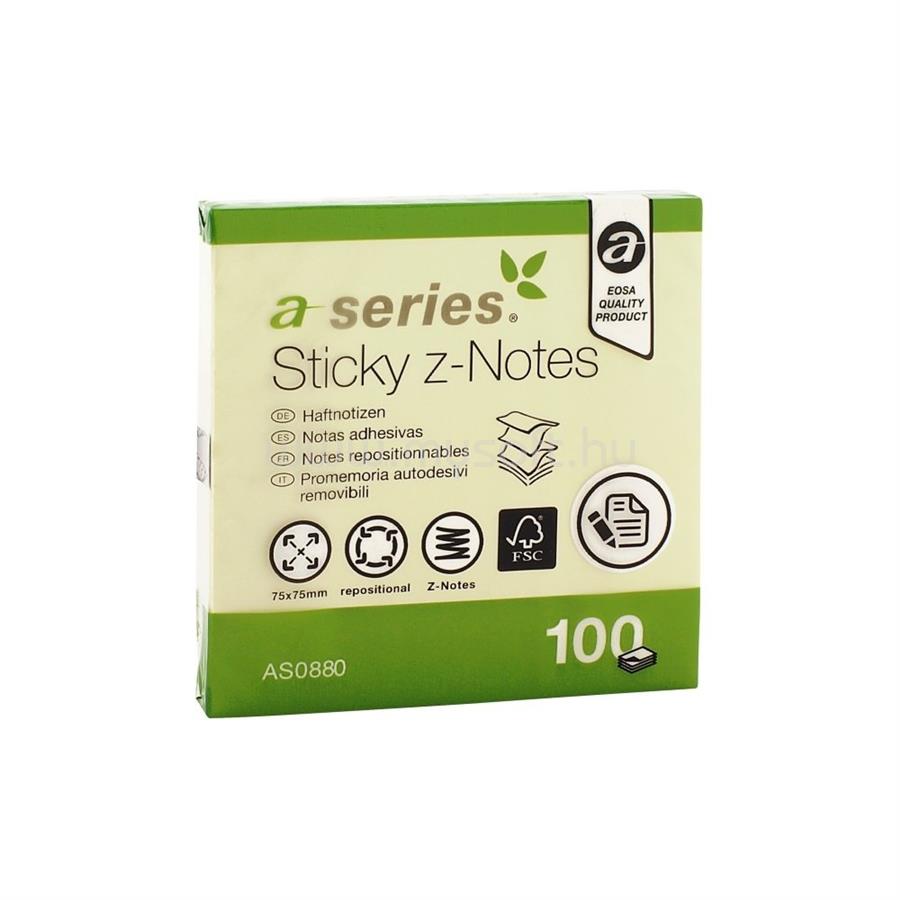 A-SERIES Jegyzettömb öntapadó, 75x75mm, 100lap, `Z` A-Series, sárga