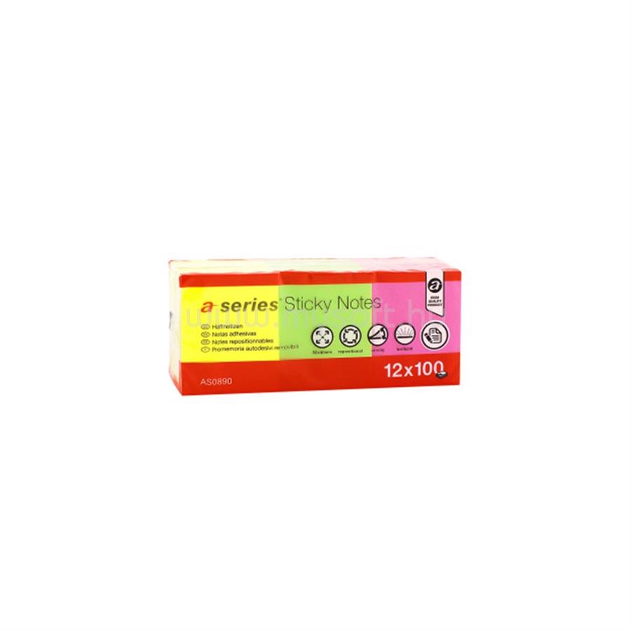 A-SERIES Jegyzettömb öntapadó 50x40mm 12x100lap  brilliant mix 4xsárga, 4xpink, 4xzöld