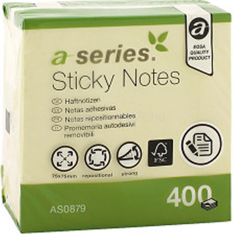 A-SERIES Jegyzettömb öntapadó 75x75mm 400lap A-Series sárga