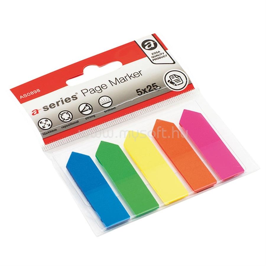 A-SERIES Jelölőcímke 12x44mm, 5x25lap, nyíl, műanyag A-series kék, zöld, sárga, pink, narancssárga