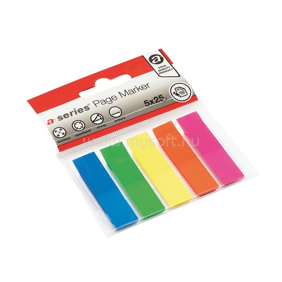 A-SERIES Jelölőcímke 12x44mm, 5x25lap műanyag A-series kék zöld sárga rózsaszín narancssárga