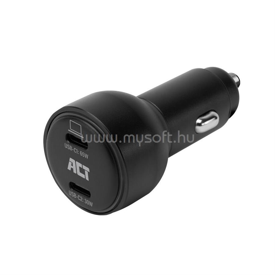 ACT 2-port USB-C Fast Car Charger 95W with PD, QC and GaNFast Black
