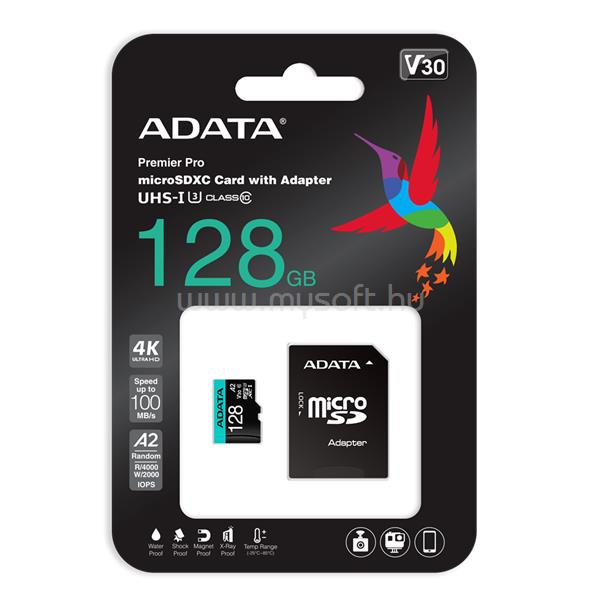 ADATA MicroSD kártya - 128GB microSDHC UHS-I Class10 A2 (R/W: 100/85 MB/s) + adapter