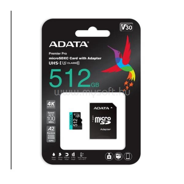 ADATA MicroSD kártya - 512GB microSDHC UHS-I Class10 A2 (R/W: 100/85 MB/s) + adapter