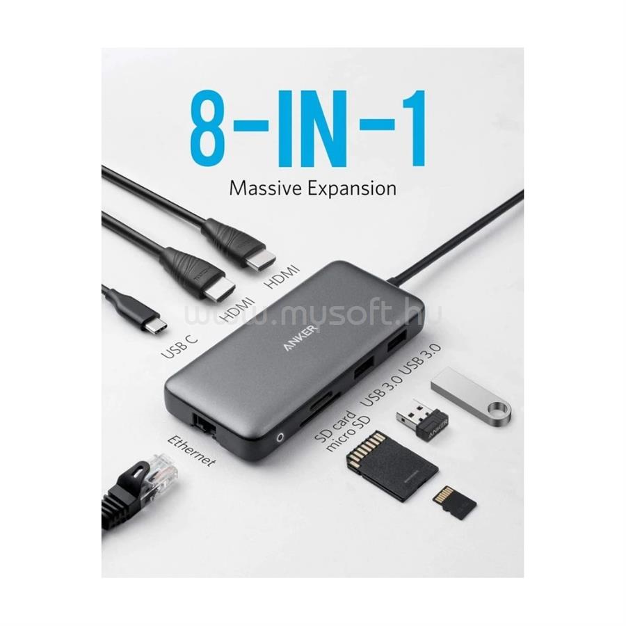 ANKER A83800A USB HUB, PowerExpend 8-in-1, USB-C Media Hub, 2xHDMI, 2xUSB3.0, Ethernet, SD/microSD kártyaolvasóval