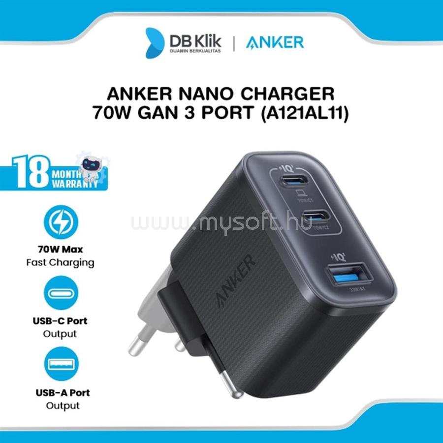 ANKER Nano Charger (70W, 3 Ports) hálózati töltő fekete (A121AL11)