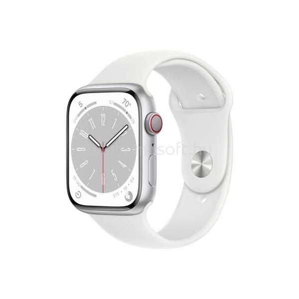 APPLE Watch S8 Cellular (45mm) ezüst alumínium tok, fehér sportszíjas okosóra