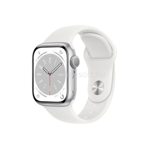 APPLE Watch S8 GPS-es (41mm) ezüst alumínium tok, fehér sportszíjas okosóra