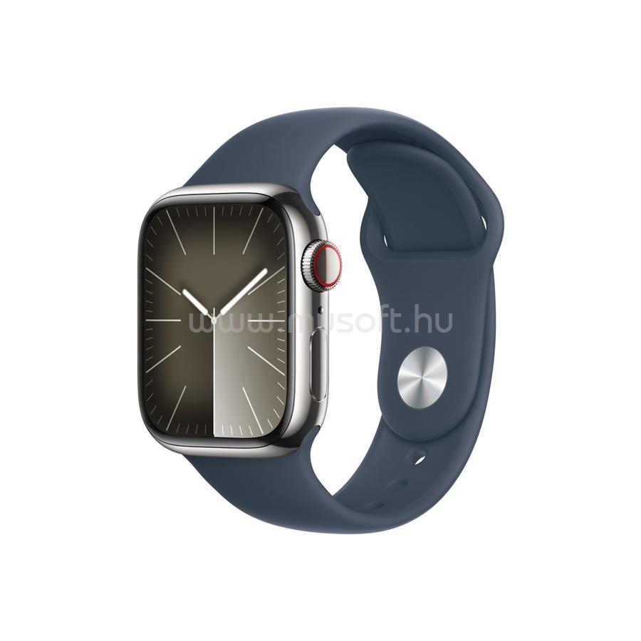 APPLE Watch Series 9 GPS + Cellular (41mm) ezüst rozsdamentes acél tok, viharkék sportszíj (M/L) okosóra