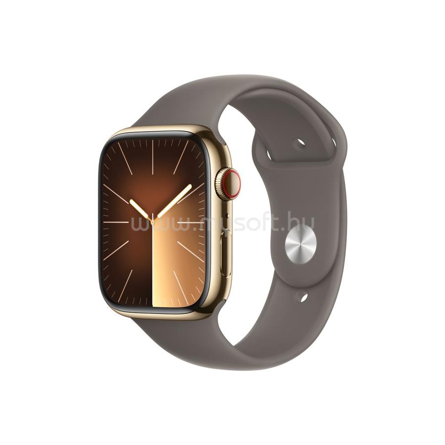 APPLE Watch Series 9 GPS + Cellular (45mm) arany rozsdamentes acél tok, agyag sportszíj (S/M) okosóra