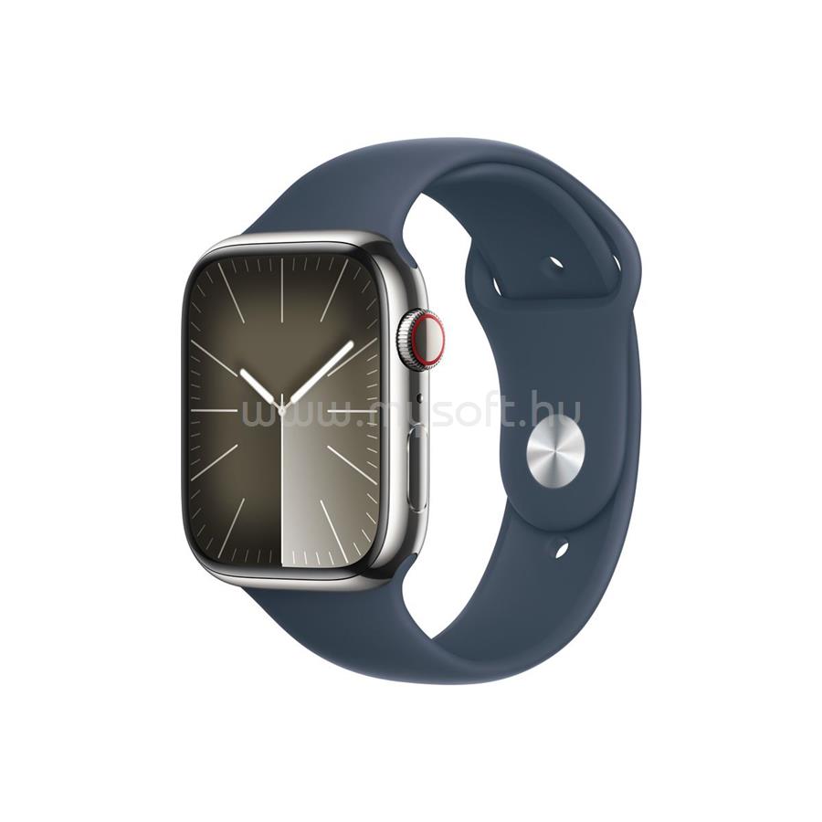 APPLE Watch Series 9 GPS + Cellular (45mm) ezüst rozsdamentes acél tok, viharkék sportszíj (S/M) okosóra