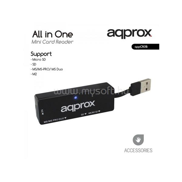APPROX Kártyaolvasó - All-in-one Mini kártyaolvasó (Micro SD/ SD/ MS/MS-PRO/ MSDuo/ M2) Fekete