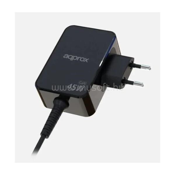 APPROX Telefontöltő - USB Type-C, 45W gyorstöltő + 1.8m kábel, Fekete