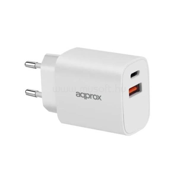 APPROX Telefontöltő - USB Type-C, USB-A port, 20W gyorstöltő + 1m USB Type-C kábel, Fehér