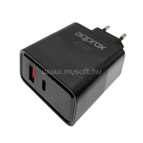 APPROX Telefontöltő - USB Type-C, USB-A port, 45W gyorstöltő + 1m USB Type-C kábel (fekete)