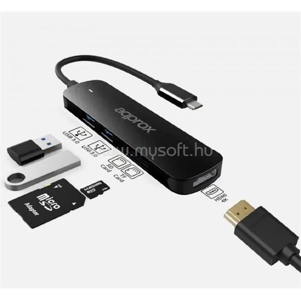 APPROX USB HUB - Type-C 5in1 HUB (2db USB3.0, 1db MicroSD 1db SD kártya, 1db HDMI 4K30Hz) Fekete