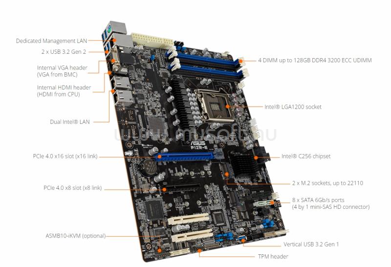 ASUS szerver alaplap P12R-E/10G-2T Xeon E-2300 (LGA1200, ATX)